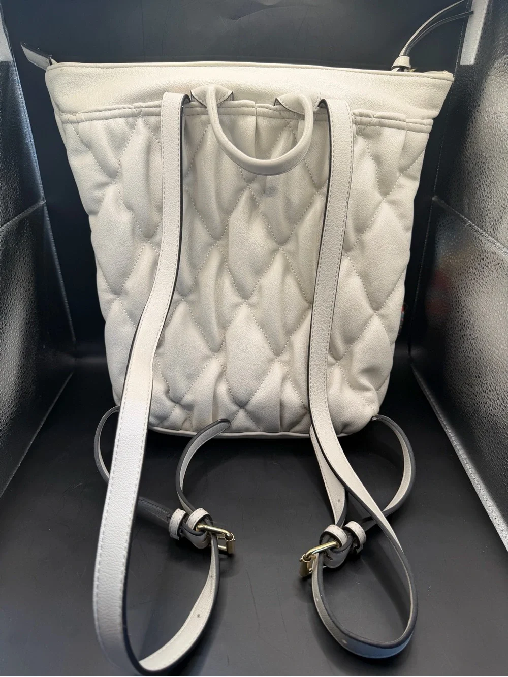 Steve Madden Ivory Quilted Backpack Purse w/ Scarf & Gold Chain
